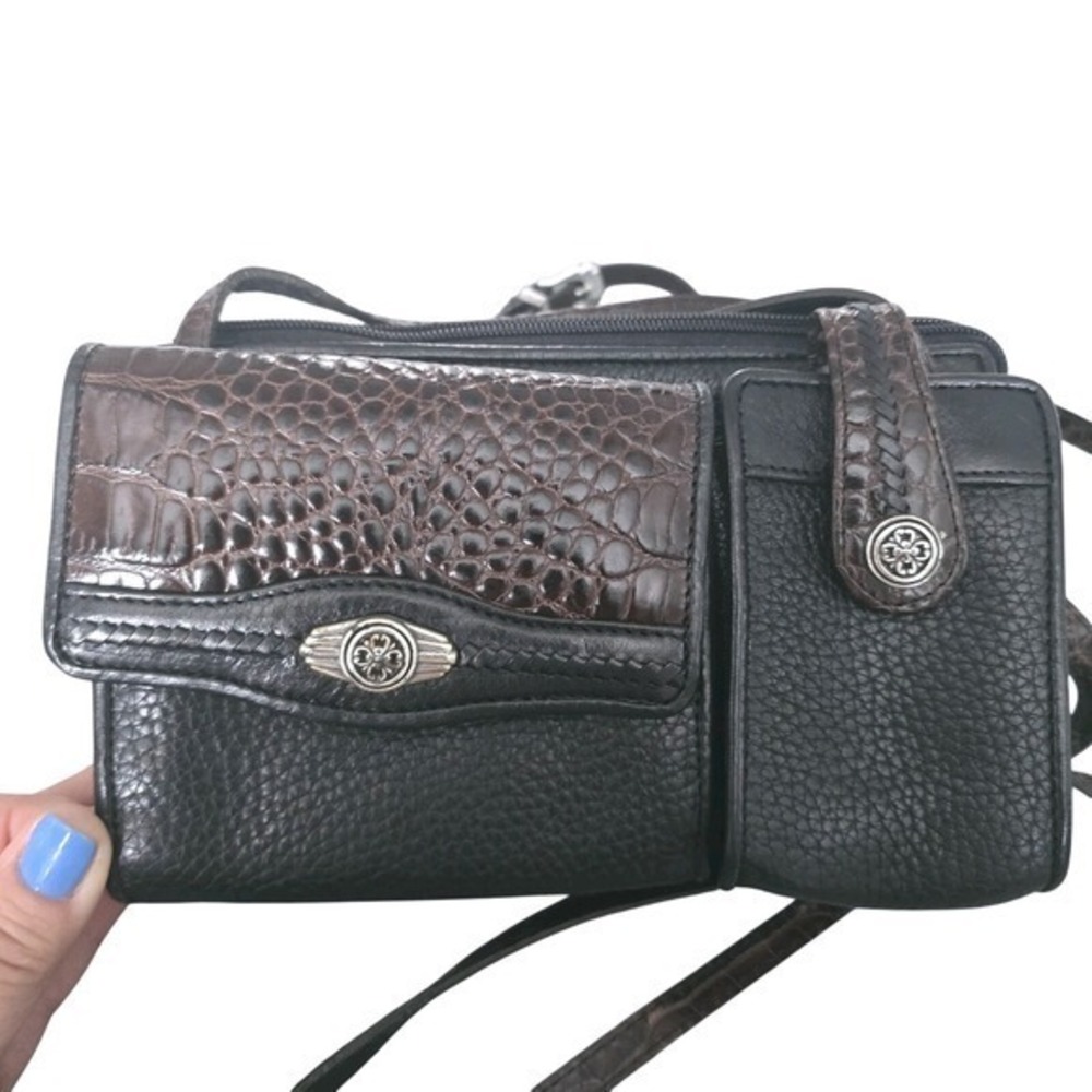 Brighton Black Brown Croc Embossed Leather Small Shoulder Crossbody Bag